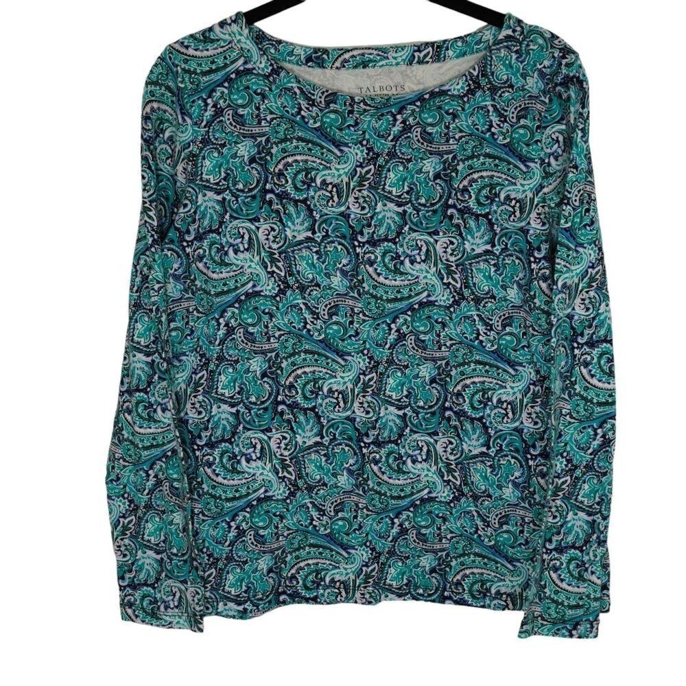Talbots Petites Top Womens Small Paisley Long Sleeve Cotton Stretch Preppy Boho